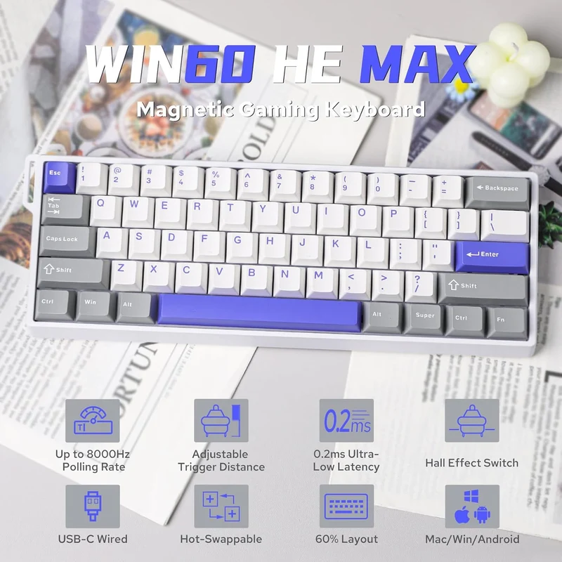 Aula WIN60 HE Max 61-Key RGB 60% Wired Magnetic Switch Gaming Keyboard (Wing Chun Switch) (Grey/White/Blue)
