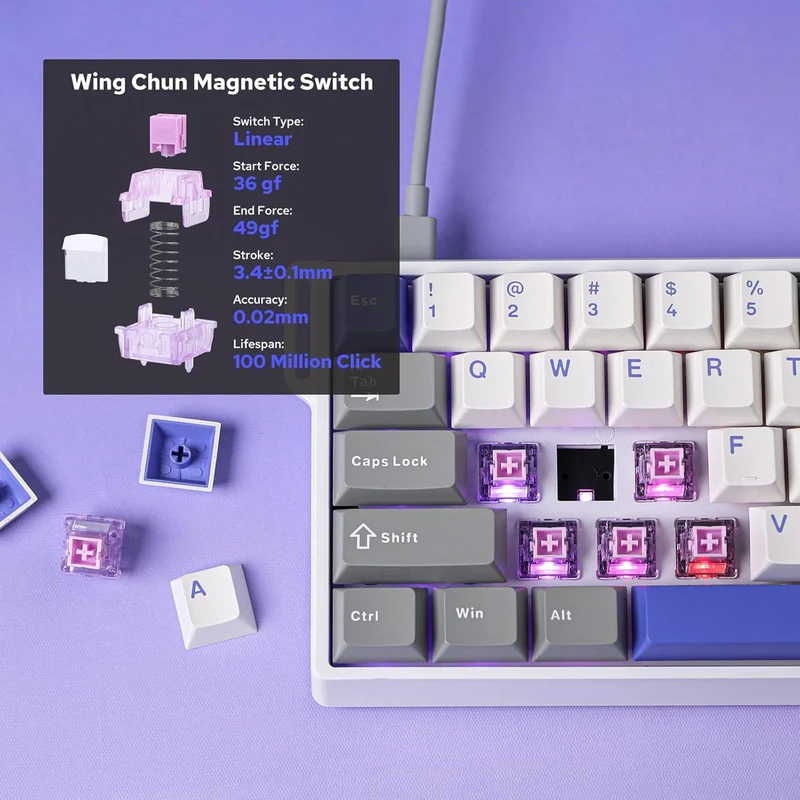 Aula WIN60 HE Max 61-Key RGB 60% Wired Magnetic Switch Gaming Keyboard (Wing Chun Switch) (Grey/White/Blue)