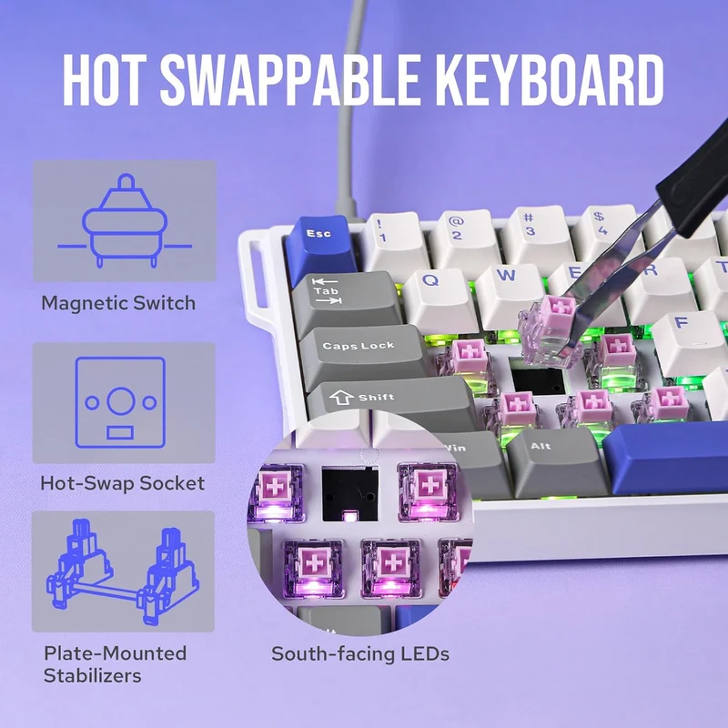 Aula WIN60 HE Max 61-Key RGB 60% Wired Magnetic Switch Gaming Keyboard (Wing Chun Switch) (Grey/White/Blue)
