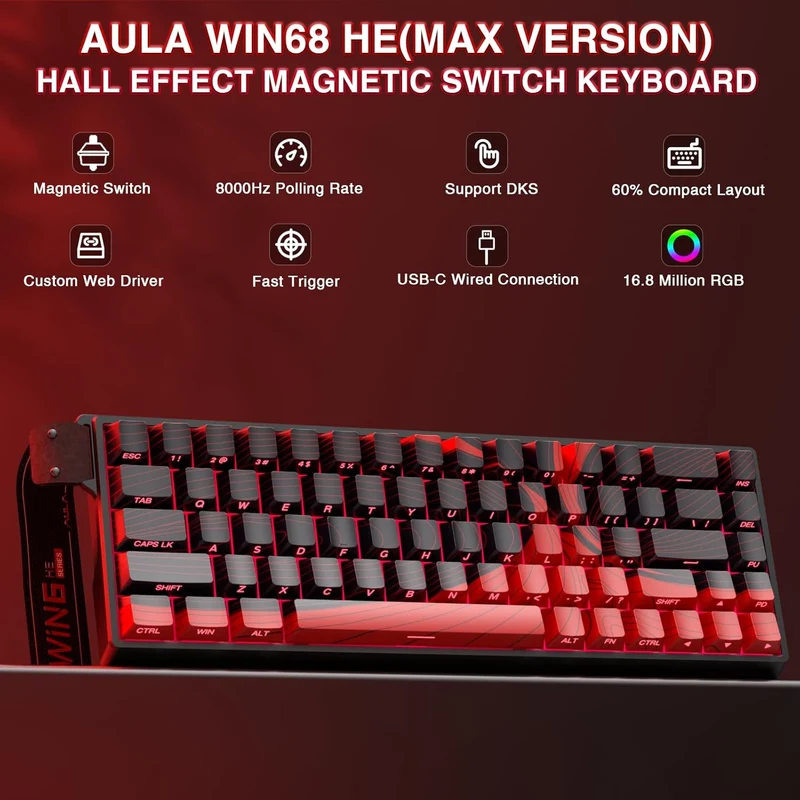 Aula WIN68 HE Max 68-Key RGB 65% Wired Magnetic Switch Gaming Keyboard (Wing Chun Switch) (Black/Red)