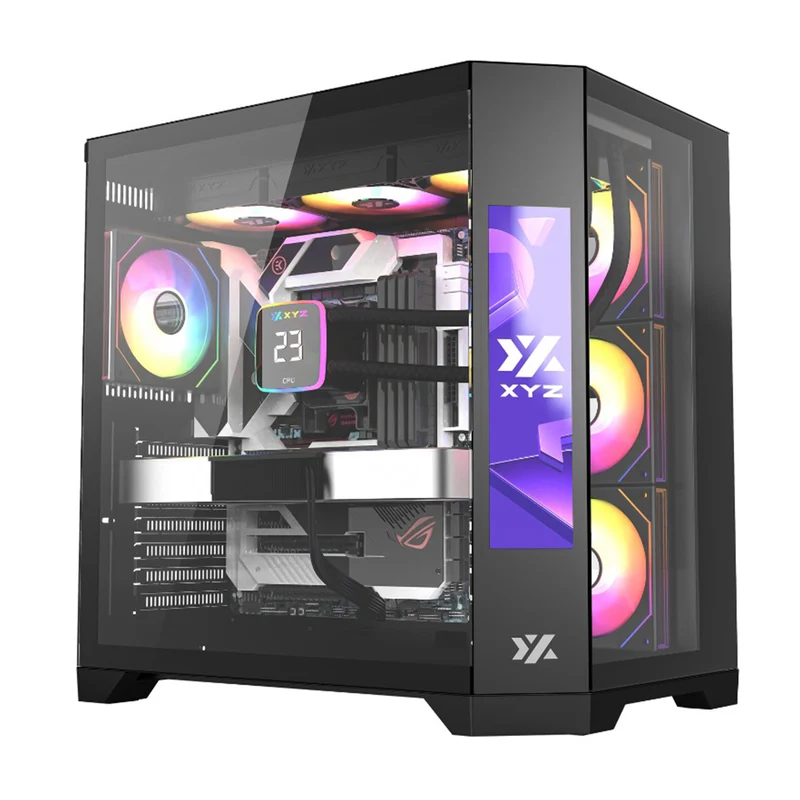 XYZ Neutron ATX 2D Glass Panoramic Tempered Glass PC Case with 4 Pre-Installed 120mm AURAX ARGB Fans & 8.8" (1920x480) LCD Screen (Black, White)
