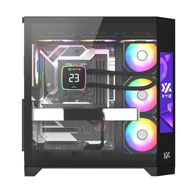 XYZ Neutron ATX 2D Glass Panoramic Tempered Glass PC Case with 4 Pre-Installed 120mm AURAX ARGB Fans & 8.8" (1920x480) LCD Screen (Black, White)