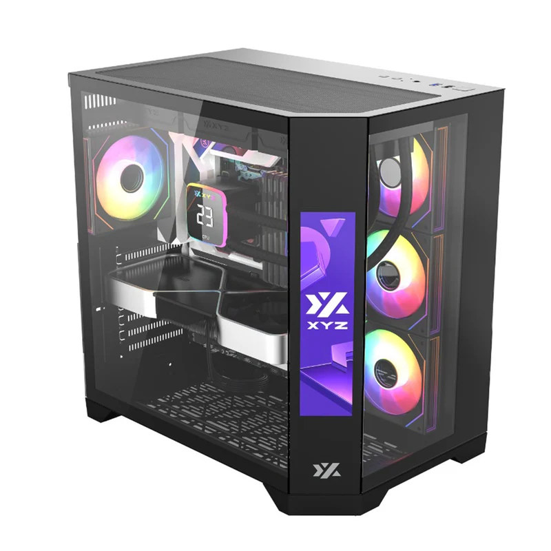 XYZ Neutron ATX 2D Glass Panoramic Tempered Glass PC Case with 4 Pre-Installed 120mm AURAX ARGB Fans & 8.8" (1920x480) LCD Screen (Black, White)