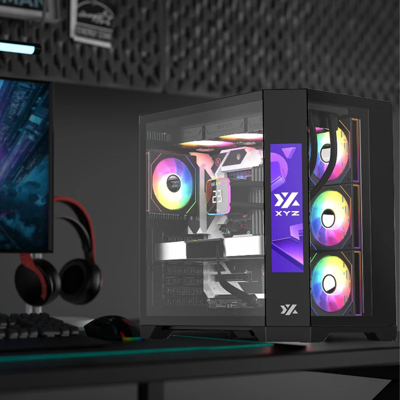 XYZ Neutron ATX 2D Glass Panoramic Tempered Glass PC Case with 4 Pre-Installed 120mm AURAX ARGB Fans & 8.8" (1920x480) LCD Screen (Black, White)