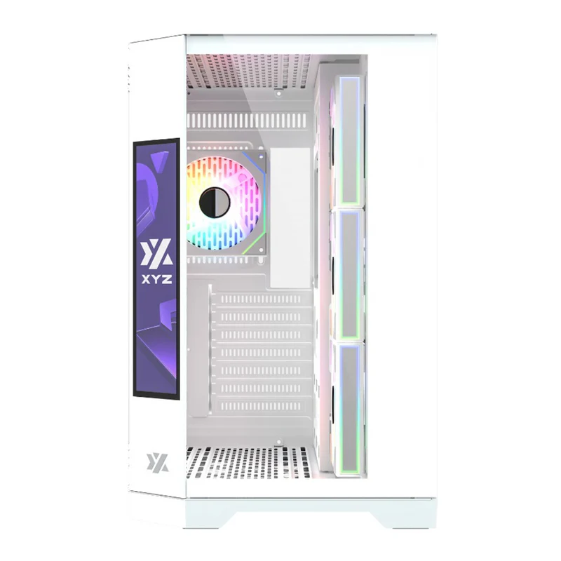 XYZ Neutron ATX 2D Glass Panoramic Tempered Glass PC Case with 4 Pre-Installed 120mm AURAX ARGB Fans & 8.8" (1920x480) LCD Screen (Black, White)