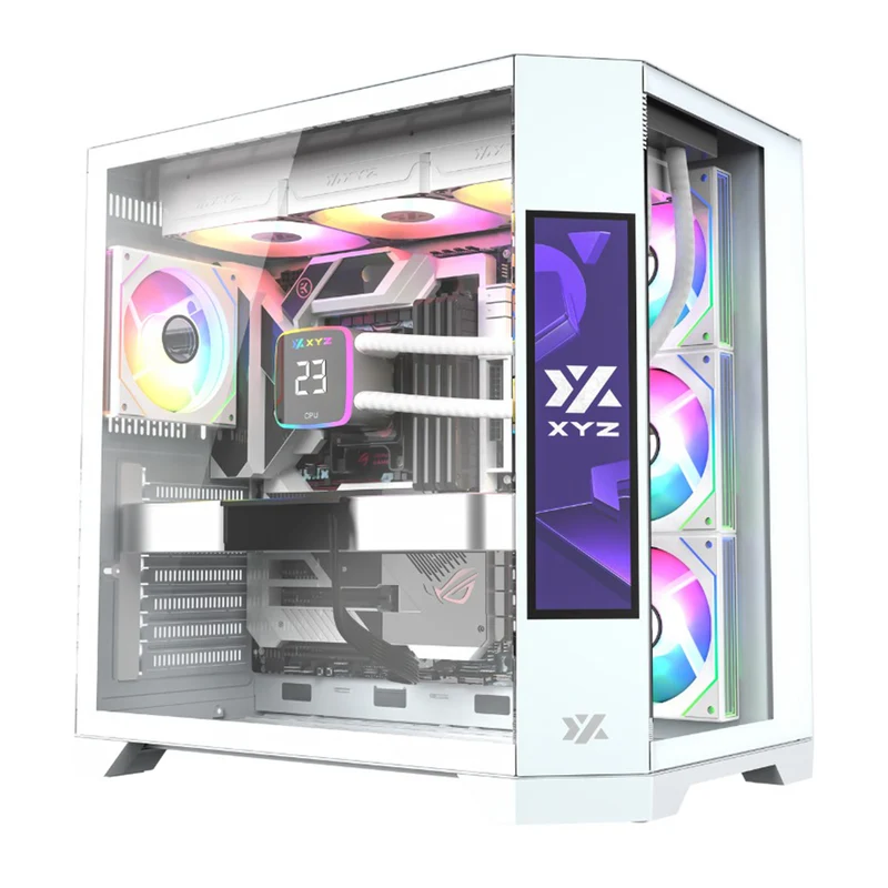 XYZ Neutron ATX 2D Glass Panoramic Tempered Glass PC Case with 4 Pre-Installed 120mm AURAX ARGB Fans & 8.8" (1920x480) LCD Screen (Black, White)