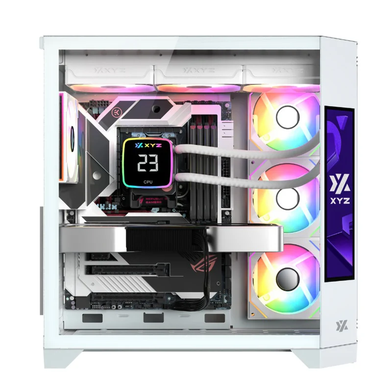 XYZ Neutron ATX 2D Glass Panoramic Tempered Glass PC Case with 4 Pre-Installed 120mm AURAX ARGB Fans & 8.8" (1920x480) LCD Screen (Black, White)