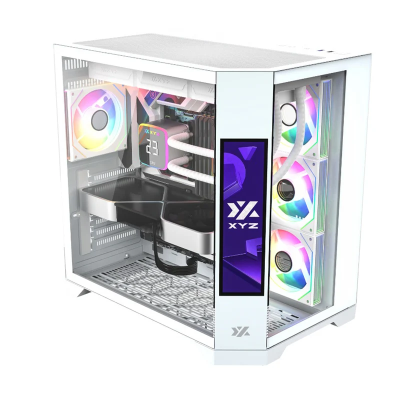 XYZ Neutron ATX 2D Glass Panoramic Tempered Glass PC Case with 4 Pre-Installed 120mm AURAX ARGB Fans & 8.8" (1920x480) LCD Screen (Black, White)