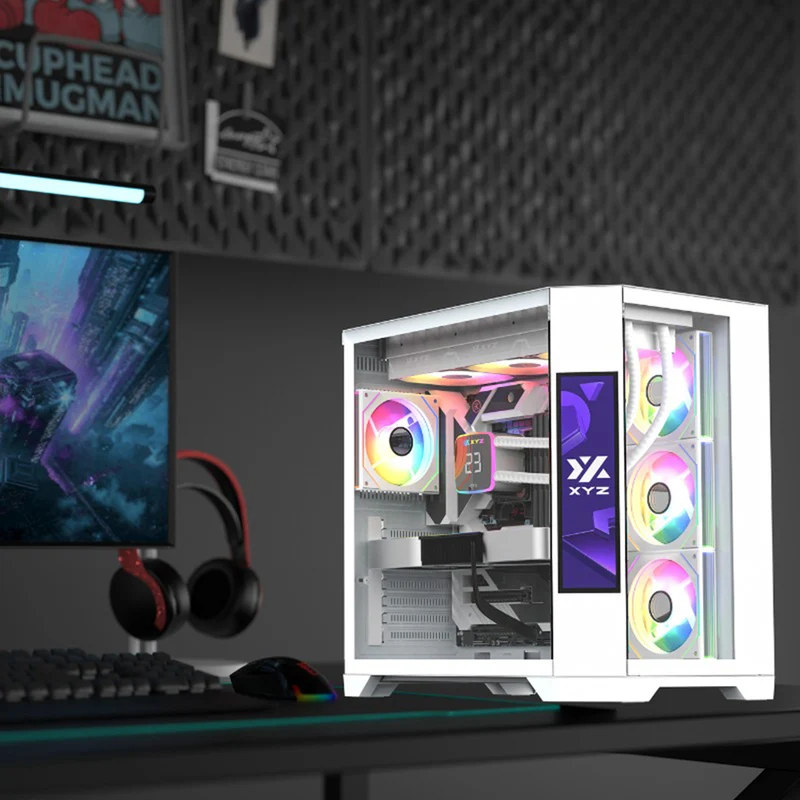 XYZ Neutron ATX 2D Glass Panoramic Tempered Glass PC Case with 4 Pre-Installed 120mm AURAX ARGB Fans & 8.8" (1920x480) LCD Screen (Black, White)