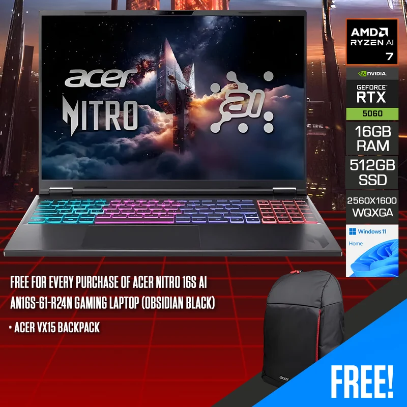 Acer Nitro 16S AI AN16S-61-R24N Gaming Laptop (Obsidian Black) | 16" WQXGA (2560x1600) 180Hz IPS | Ryzen AI 7 350 | 16GB RAM | 512GB SSD | RTX 5060 | Windows 11 Home | Acer VX15 Backpack