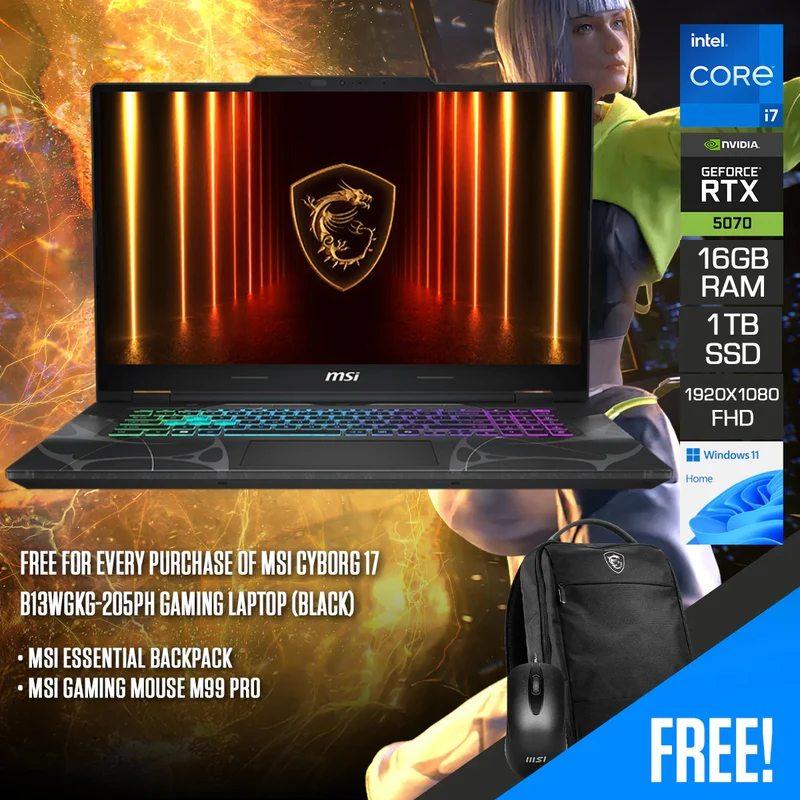 MSI Cyborg 17 B13WGKG-205PH Gaming Laptop (Black) | 17.3" FHD (1920x1080) 144Hz IPS | Core i7-13620H | 16GB (8GBx2) RAM | 1TB SSD | RTX 5070 | Windows 11 Home | MSI Essential Backpack + MSI Mouse M88