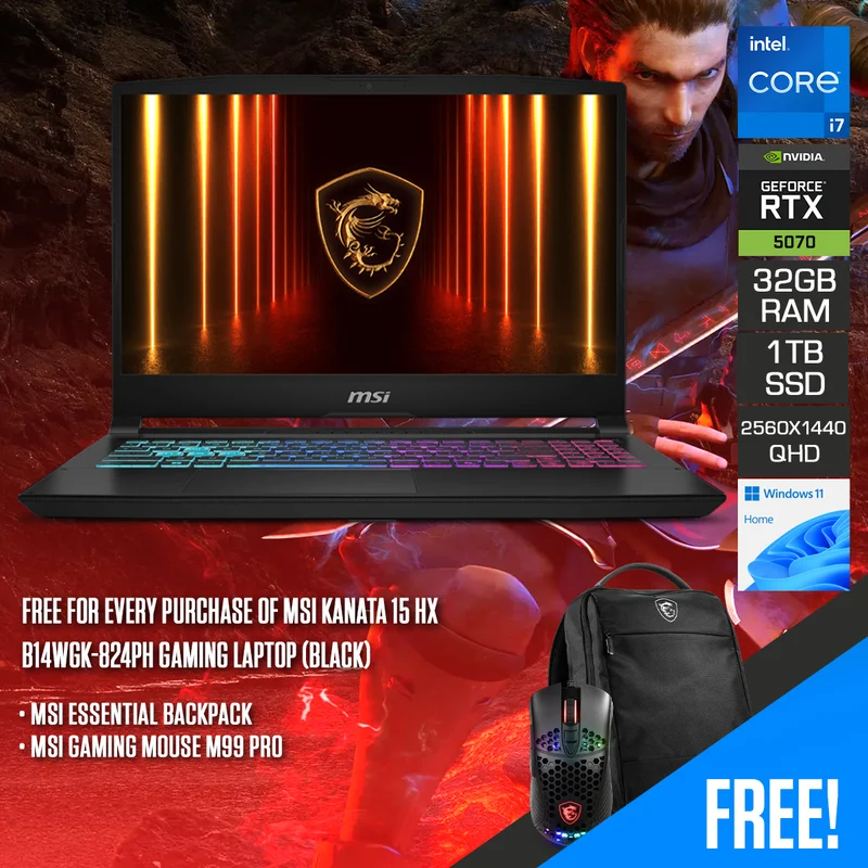 MSI Katana 15 HX B14WGK-824PH Gaming Laptop (Black) | 15.6 QHD (2560x1440) 165Hz IPS | Core i7-14650HX | 32GB (16GBx2) RAM | 1TB SSD | RTX 5070 | Windows 11 Home | MSI Essential Backpack + MSI Gaming Mouse M99 Pro
