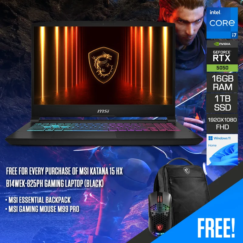 MSI Katana 15 HX B14WEK-825PH Gaming Laptop (Black) | 15.6" FHD (1920x1080) 144Hz IPS | Core i7-14650HX | 16GB (8GBx2) RAM | 1TB SSD | RTX 5050 | Windows 11 Home | MSI Essential Backpack + MSI Gaming Mouse M99 Pro