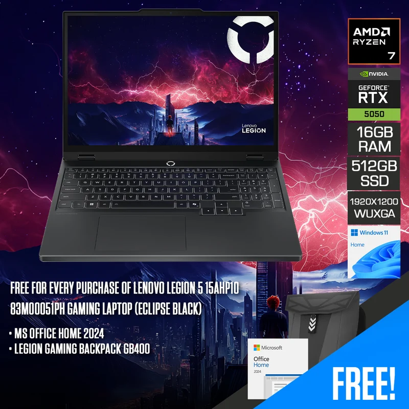 Lenovo Legion 5 15AHP10 83M00051PH Gaming Laptop (Eclipse Black) | 15.3" WUXGA (1920x1200) IPS 165Hz | Ryzen 7 260 | 16GB RAM | 512GB SSD | RTX 5050 | Windows 11 Home | MS Office Home 2024 + Legion Gaming Backpack GB400