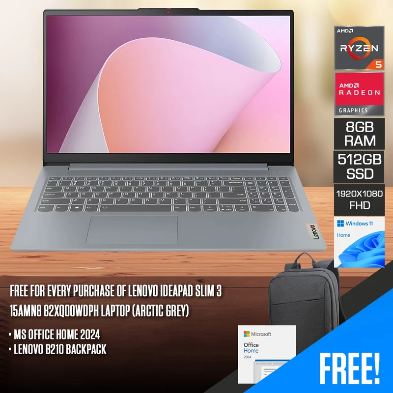 Lenovo IdeaPad Slim 3 15AMN8 82XQ00WDPH Laptop (Arctic Grey) | 15.6" FHD (1920x1080) TN | Ryzen 5 7520U | 8GB RAM | 512GB SSD | AMD Radeon 610M Graphics | Windows 11 Home | MS Office Home 2024 + Lenovo B210 Backpack