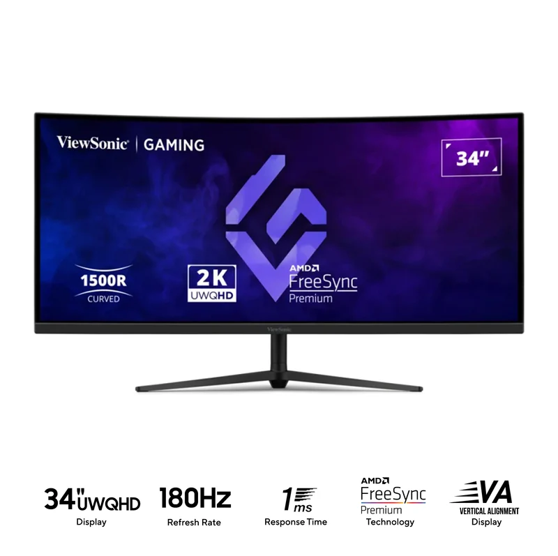 ViewSonic VX3418C-2K 34" UWQHD (3440x1440) 180Hz 1ms MPRT VA Curved Gaming Monitor with Tilt, Height & Swivel Adjustment