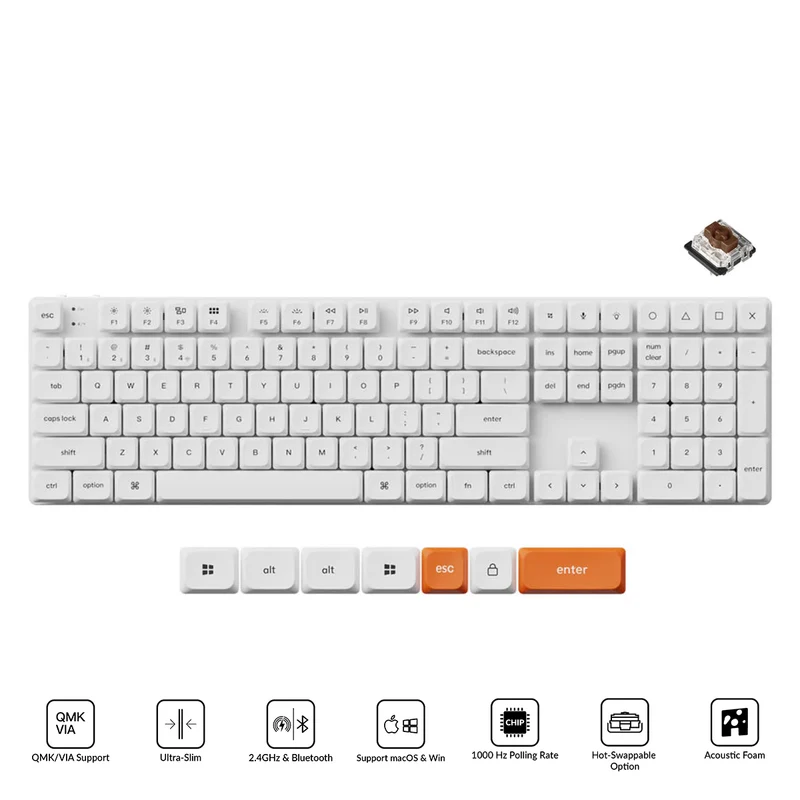 Keychron K5 Max QMK/VIA RGB Hot-Swappable Full Size Wireless Custom Mechanical Keyboard - White (Low Profile Gateron Mechanical Brown Switch) (K5M-Q3Z)