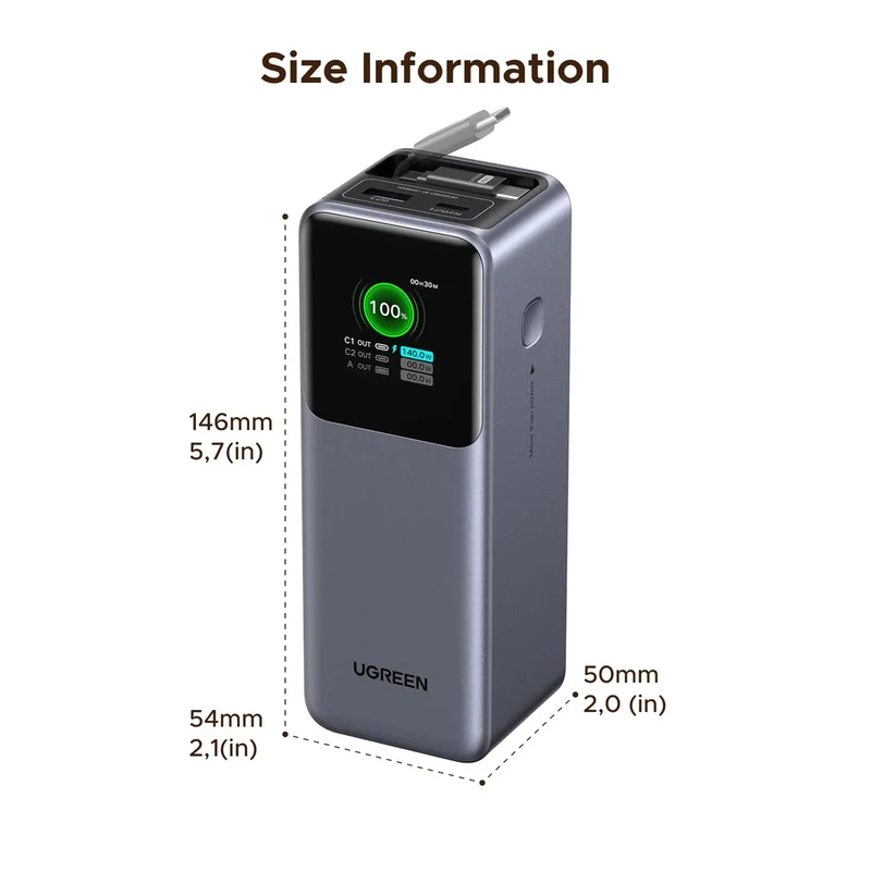 Ugreen Nexode 20000mAh 165W Power Bank with Type-C Retractable Cable (PB726/55987B)