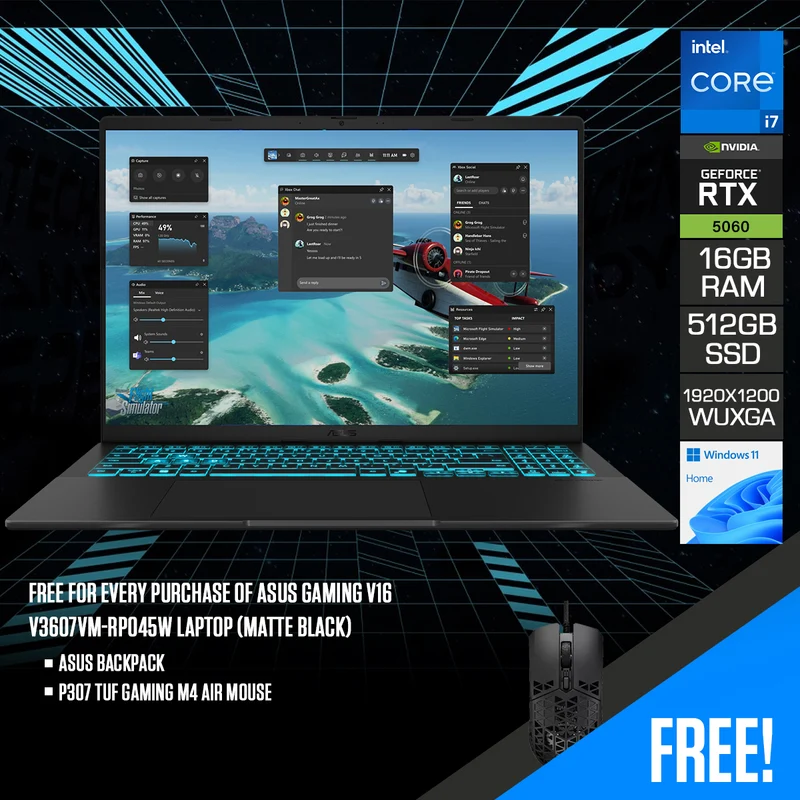 Asus Gaming V16 V3607VM-RP045W Laptop (Matte Black) | 16" WUXGA (1920x1200) 144Hz | Core 7 240H | 16GB RAM | 512GB SSD | RTX 5060 | Windows 11 Home | Asus Backpack + P307 TUF Gaming M4 Air Mouse