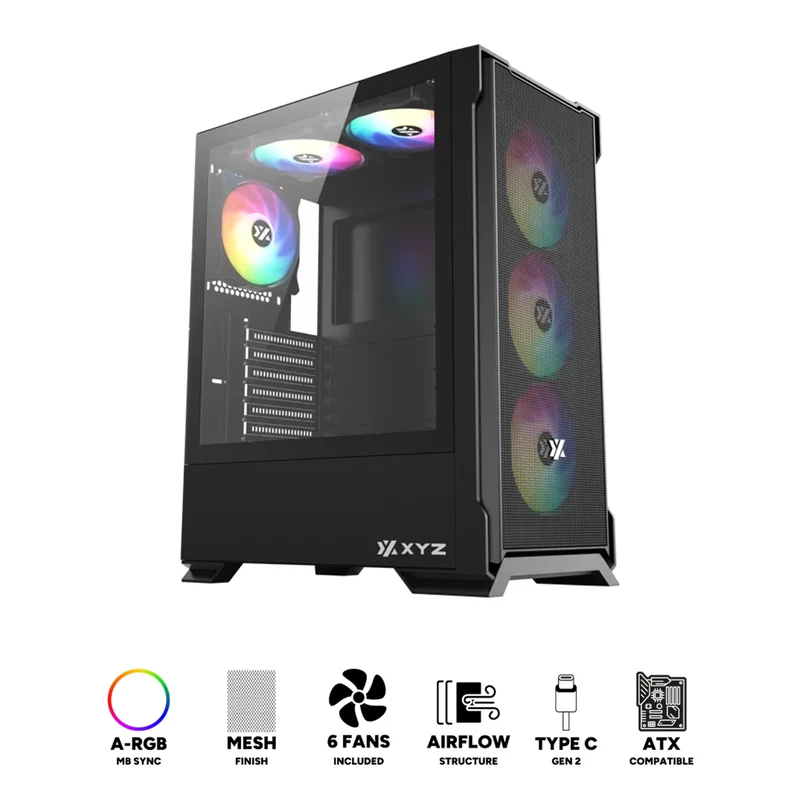 XYZ Airone 300 X MESH ATX PC Case with 6 Pre-Installed 120mm ARGB Fans (Black) (X-CS-AIRONE3XM-B) (XYZ-SA-961)