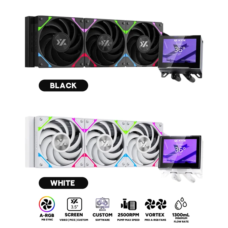 XYZ HydroView AIO 360 ARGB Liquid CPU Cooler with 3.5" LCD Digital Screen, XYZ Nexus Software, 3x Vortex Pro 120mm PWM ARGB Fans (Black, White)