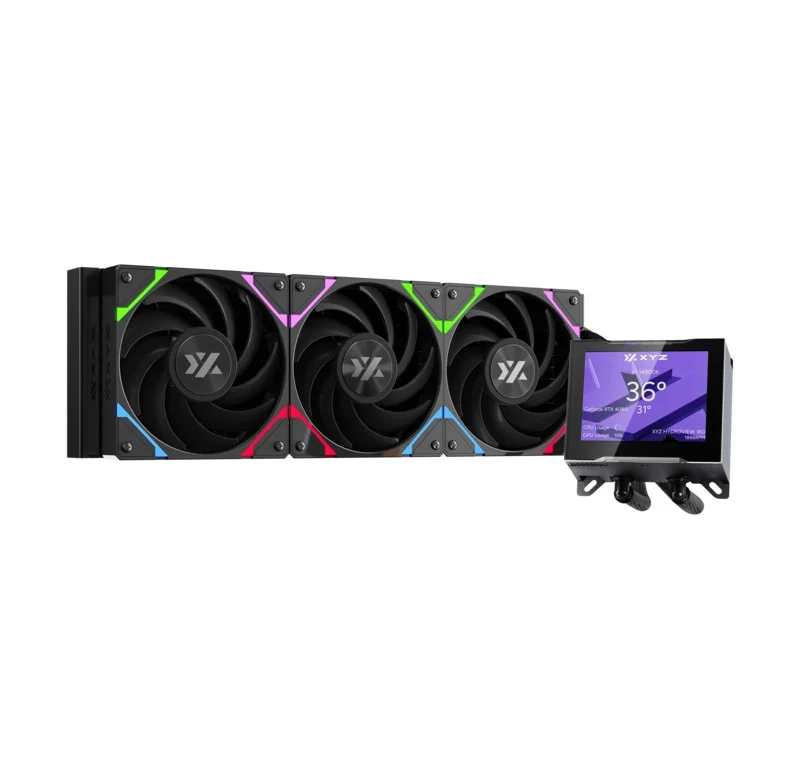 XYZ HydroView AIO 360 ARGB Liquid CPU Cooler with 3.5" LCD Digital Screen, XYZ Nexus Software, 3x Vortex Pro 120mm PWM ARGB Fans (Black, White)