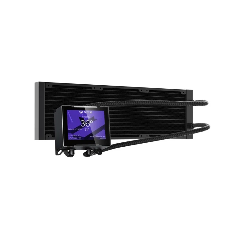 XYZ HydroView AIO 360 ARGB Liquid CPU Cooler with 3.5" LCD Digital Screen, XYZ Nexus Software, 3x Vortex Pro 120mm PWM ARGB Fans (Black, White)