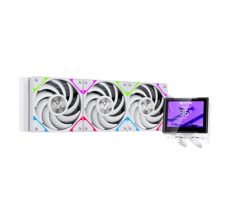 XYZ HydroView AIO 360 ARGB Liquid CPU Cooler with 3.5" LCD Digital Screen, XYZ Nexus Software, 3x Vortex Pro 120mm PWM ARGB Fans (Black, White)