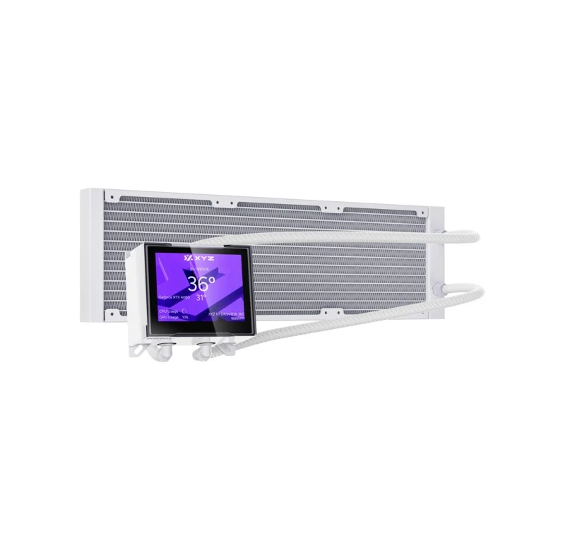 XYZ HydroView AIO 360 ARGB Liquid CPU Cooler with 3.5" LCD Digital Screen, XYZ Nexus Software, 3x Vortex Pro 120mm PWM ARGB Fans (Black, White)