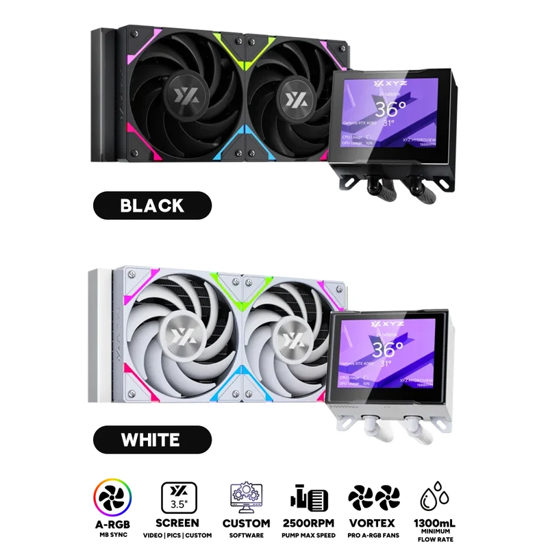 XYZ HydroView AIO 240 ARGB Liquid CPU Cooler with 3.5" LCD Digital Screen, XYZ Nexus Software, 2x Vortex Pro 120mm PWM ARGB Fans (Black, White)