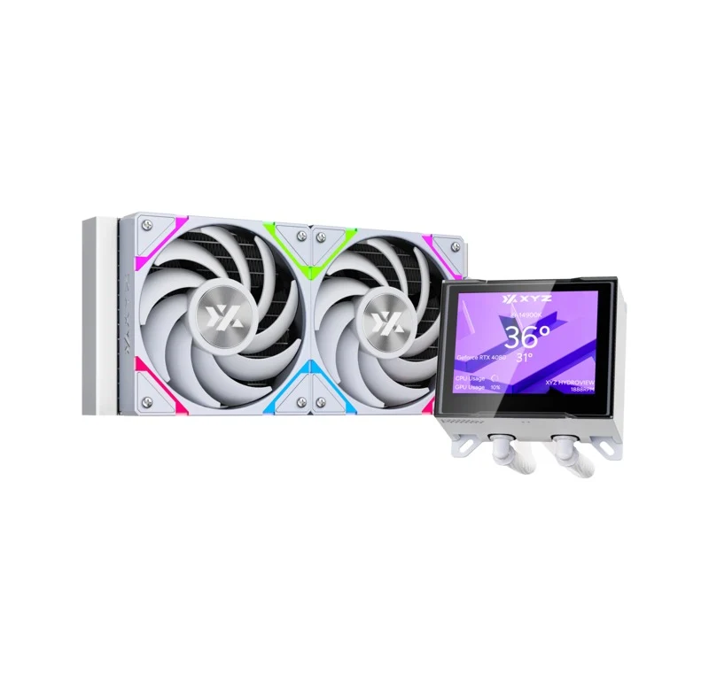 XYZ HydroView AIO 240 ARGB Liquid CPU Cooler with 3.5" LCD Digital Screen, XYZ Nexus Software, 2x Vortex Pro 120mm PWM ARGB Fans (Black, White)