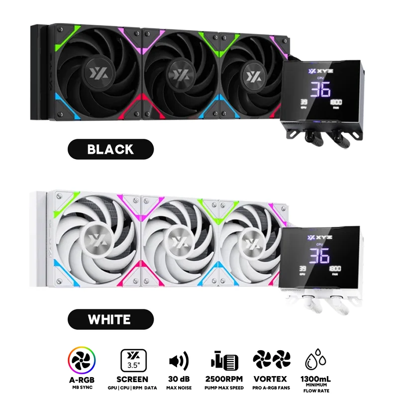 XYZ HydroTemp 360 ARGB Liquid Cooler with Temperature Display (Black, White)