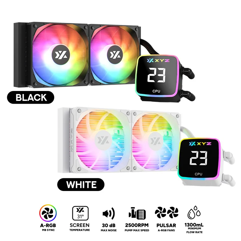 XYZ AquaPulse AIO 240 ARGB Liquid Cooler with Temperature Display (Black, White)
