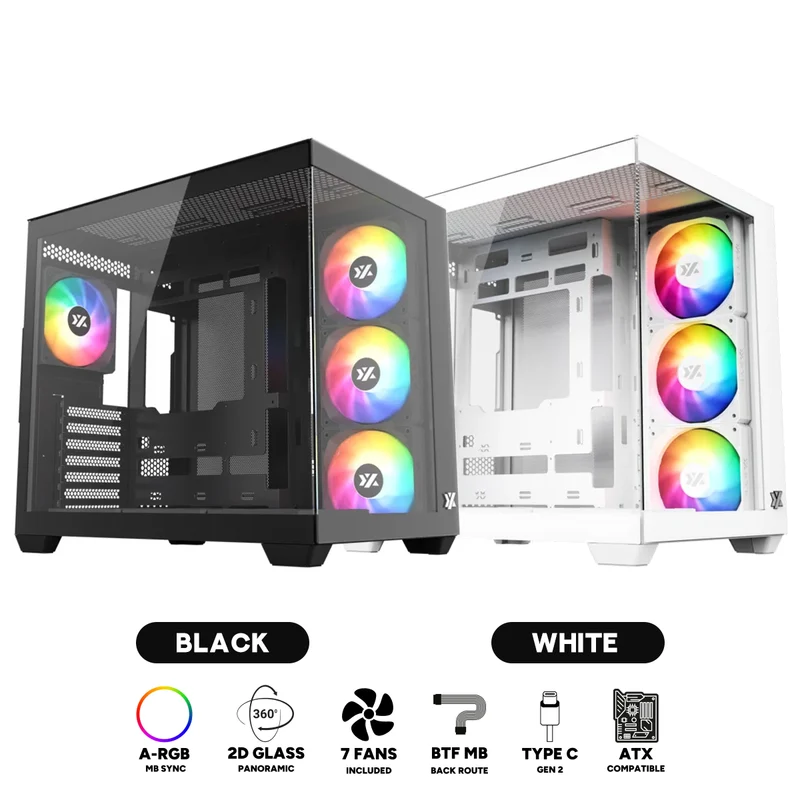 XYZ Tesseract X ATX 2D Glass Panoramic Tempered Glass PC Case with 7 Pre-Installed 120mm Pulsar ARGB PWM Fans (Black, White)