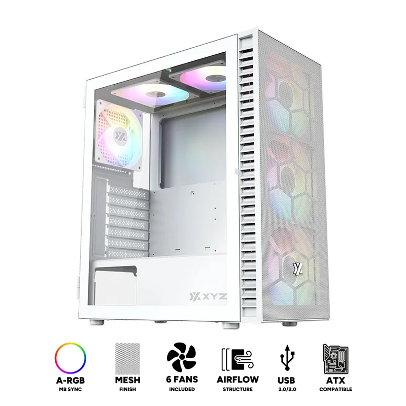 XYZ Airone 100 Mesh ATX PC Case with 6 Pre-Installed 120mm/140mm Airpulse 100 ARGB Fans (White) (X-CS-AIRONE1M-W) (XYZ-SA-805)