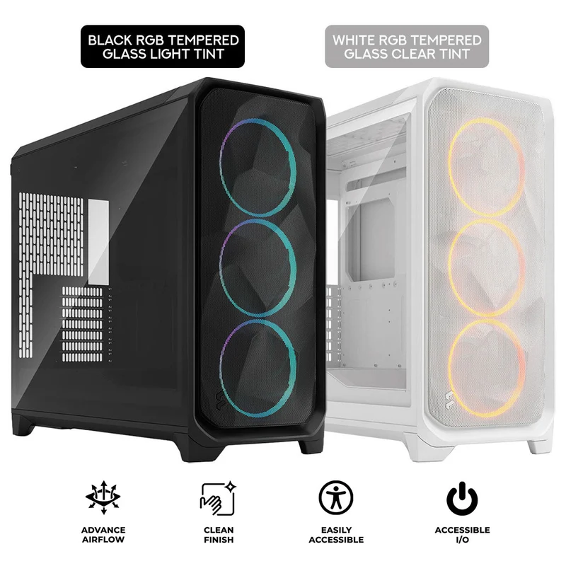 Fractal Design Meshify 3 XL Computer Case (Black RGB Tempered Glass Light Tint, White RGB Tempered Glass Clear Tint)