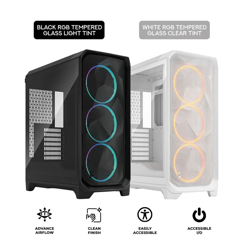 Fractal Design Meshify 3 Computer Case (Black RGB Tempered Glass Light Tint, White RGB Tempered Glass Clear Tint)