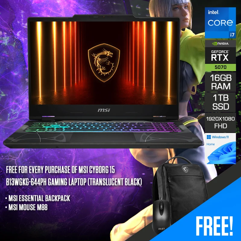MSI Cyborg 15 B13WGKG-644PH Gaming Laptop (Translucent Black) | 15.6" FHD (1920x1080) 144Hz IPS | Core i7-13620H | 16GB (8GBx2) RAM | 1TB SSD | RTX 5070 | Windows 11 Home | MSI Essential Backpack + MSI Mouse M88