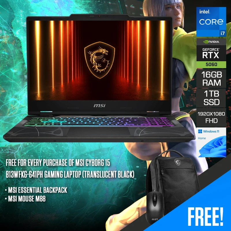MSI Cyborg 15 B13WFKG-641PH Gaming Laptop (Translucent Black) | 15.6" FHD (1920x1080) 144Hz IPS | Core i7-13620H | 16G RAM | 1TB SSD | RTX 5060 | Windows 11 Home | MSI Essential Backpack + MSI Mouse M88