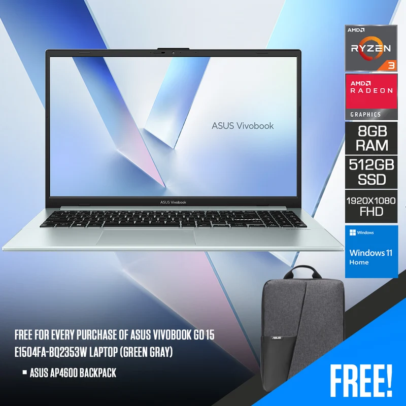 Asus Vivobook Go 15 E1504FA-BQ2353W Laptop (Green Gray) | 15.6" FHD (1920x1080) | Ryzen 3 7320U | 8GB RAM | 512GB SSD | AMD Radeon Graphics | Windows 11 Home | Asus AP4600 Backpack