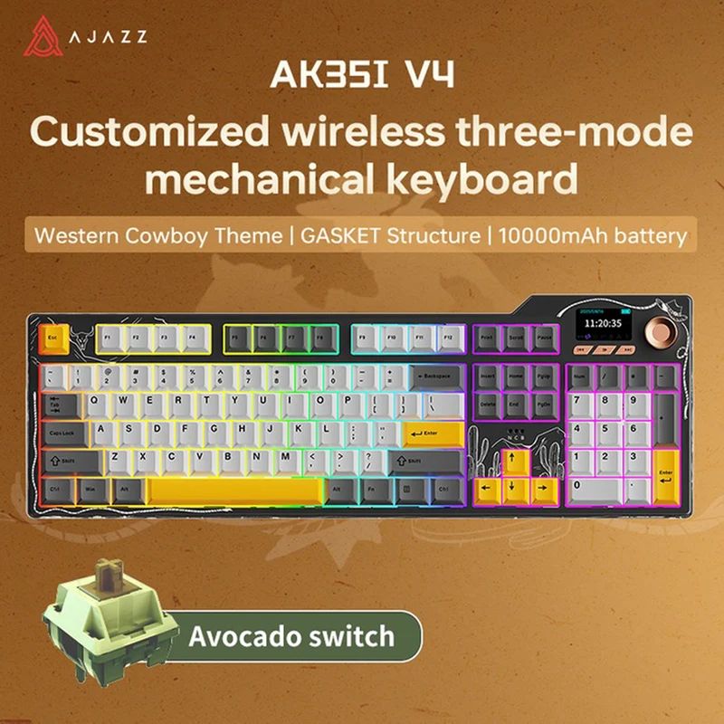 Ajazz AK35I V4 RGB Tri-Mode 100% 104-Keys Gasket-mounted Hot-Swappable Mechanical Keyboard (Black/Grey/Yellow) (Avocado Switch)