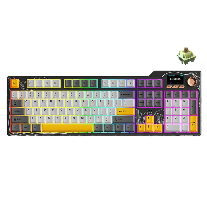 Ajazz AK35I V4 RGB Tri-Mode 100% 104-Keys Gasket-mounted Hot-Swappable Mechanical Keyboard (Black/Grey/Yellow) (Avocado Switch)