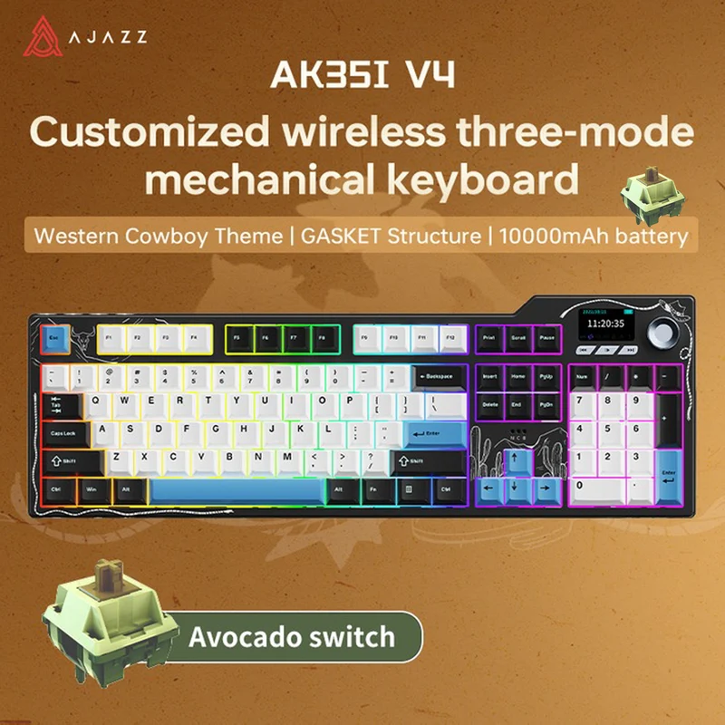 Ajazz AK35I V4 RGB Tri-Mode 100% 104-Keys Gasket-mounted Hot-Swappable Mechanical Keyboard (Black/White/Blue) (Avocado Switch