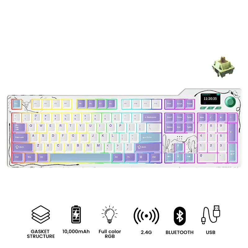 Ajazz AK35I V4 RGB Tri-Mode 100% 104-Keys Gasket-mounted Hot-Swappable Mechanical Keyboard (Purple/White/Blue) (Avocado Switch)