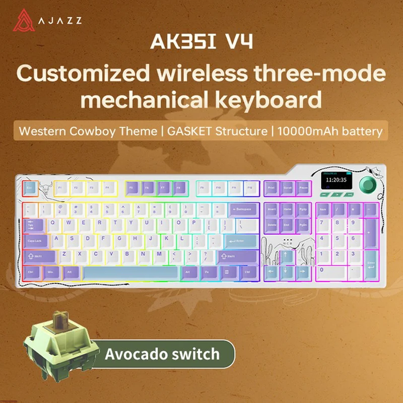 Ajazz AK35I V4 RGB Tri-Mode 100% 104-Keys Gasket-mounted Hot-Swappable Mechanical Keyboard (Purple/White/Blue) (Avocado Switch)