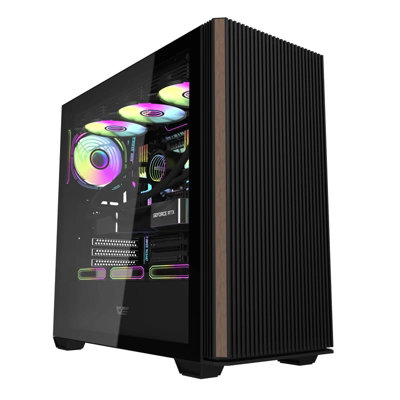 DarkFlash DS900WS Luxury ATX Front Wood Style Panoramic Side Glass Panel PC Case (Black, White)
