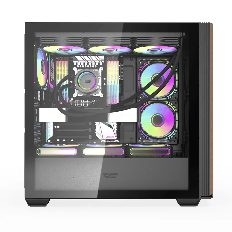 DarkFlash DS900WS Luxury ATX Front Wood Style Panoramic Side Glass Panel PC Case (Black, White)