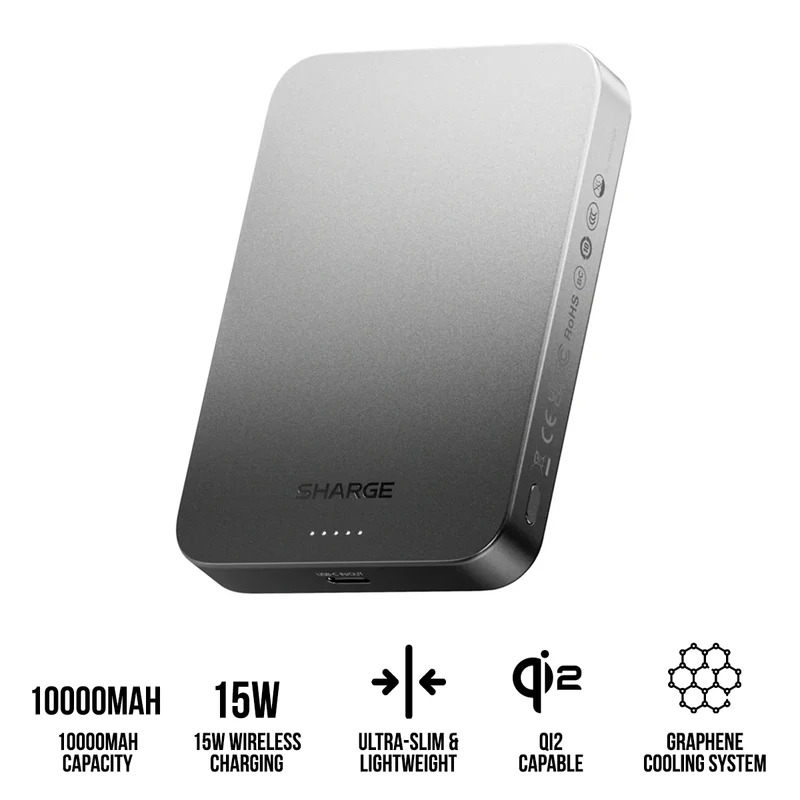 Sharge AeroMag 10K Qi2 Magnetic Ultra-Slim & Lightweight Power Bank w/ Graphene Cooling 10000mAh 15W (Black) (M5)
