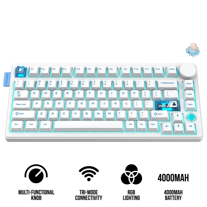 Onikuma MT706 Tri-Mode RGB 81 Keys Mechanical Keyboard with Knob (White)