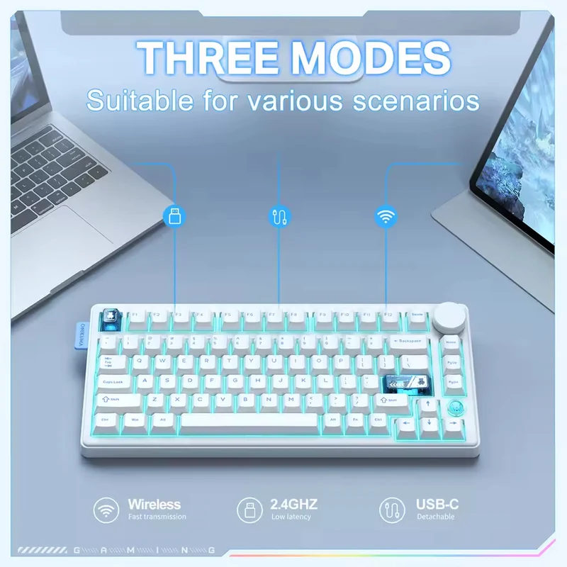Onikuma MT706 Tri-Mode RGB 81 Keys Mechanical Keyboard with Knob (White)